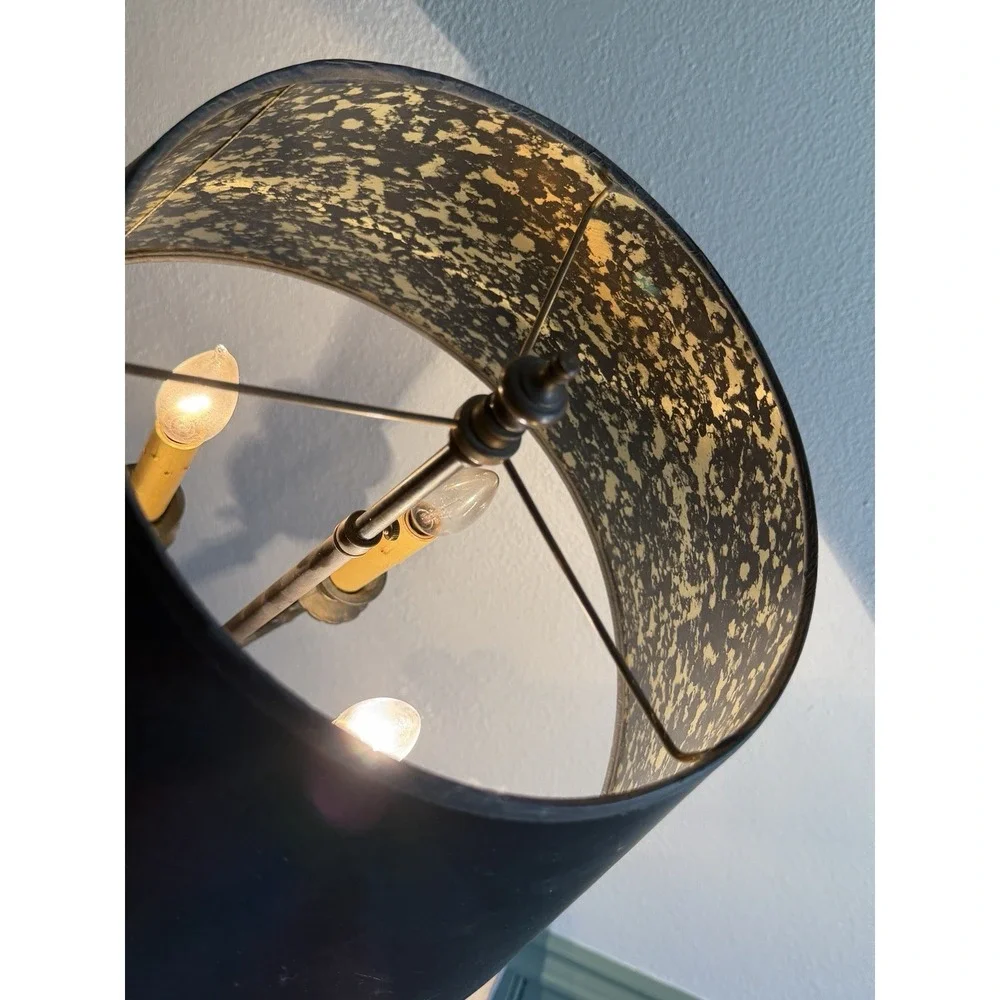 Vintage Brass Desk Table Lamp w/ Black And‎ Gold Designed Shade 4 Candle Lights